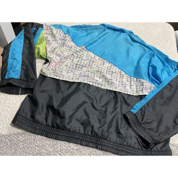 VTG Puma 80s Track Jacket Windbreaker Colorblock Neon Womens Medium Black Blue - Picture 4 of 12